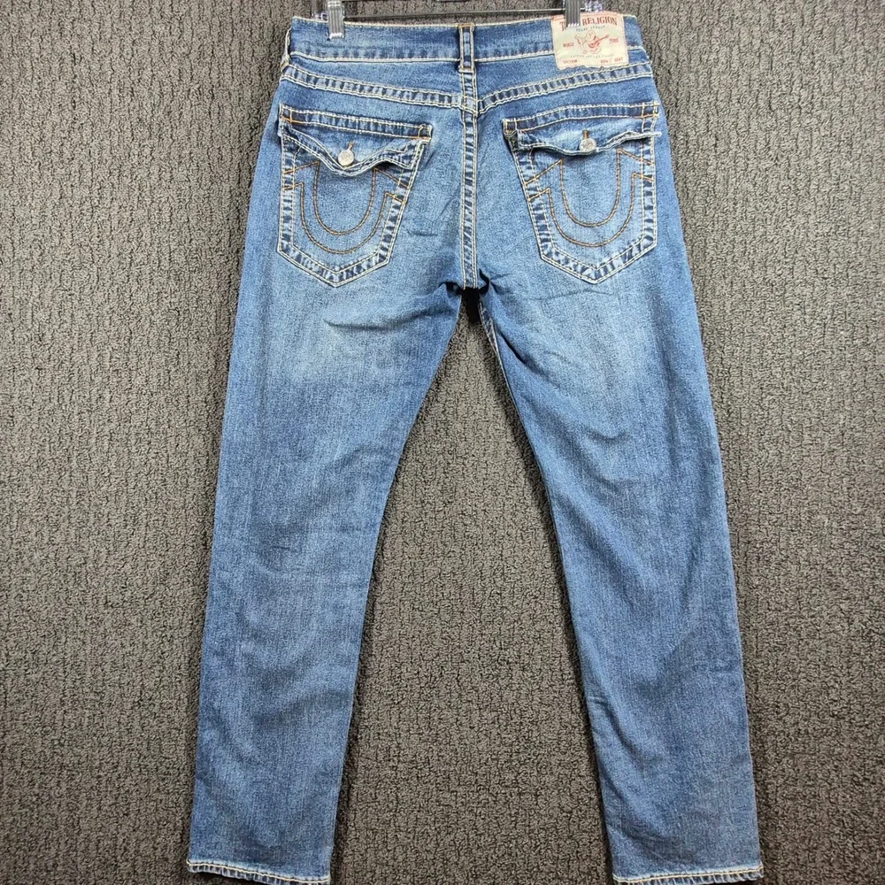 True Religion Geno Relaxed Slim Jeans Mens 33 Blue Gold Stitch Flap Pocket